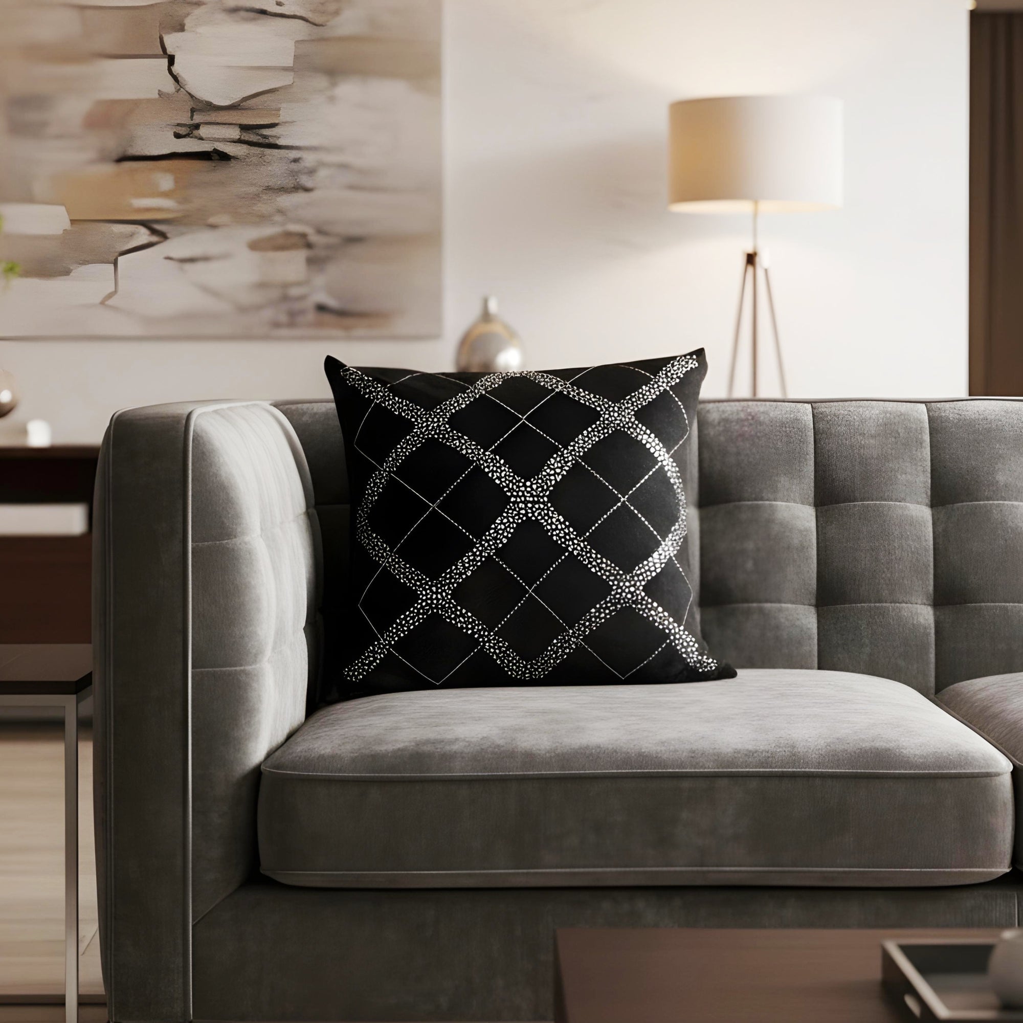 Black Cushion Cover with Silver Diamond Design