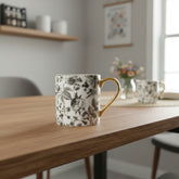 Black Floral Porcelain Mug with Gold Handle