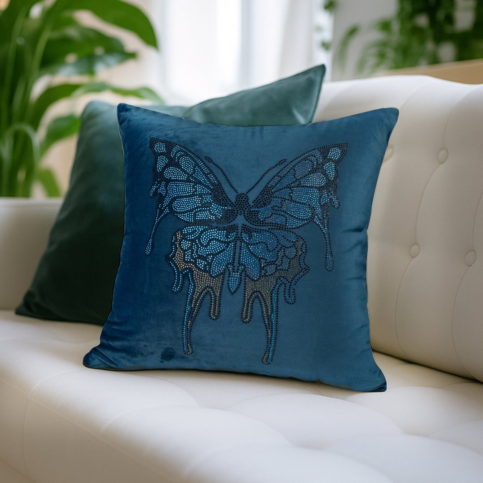 Blue Cushion Cover with Butterfly Design