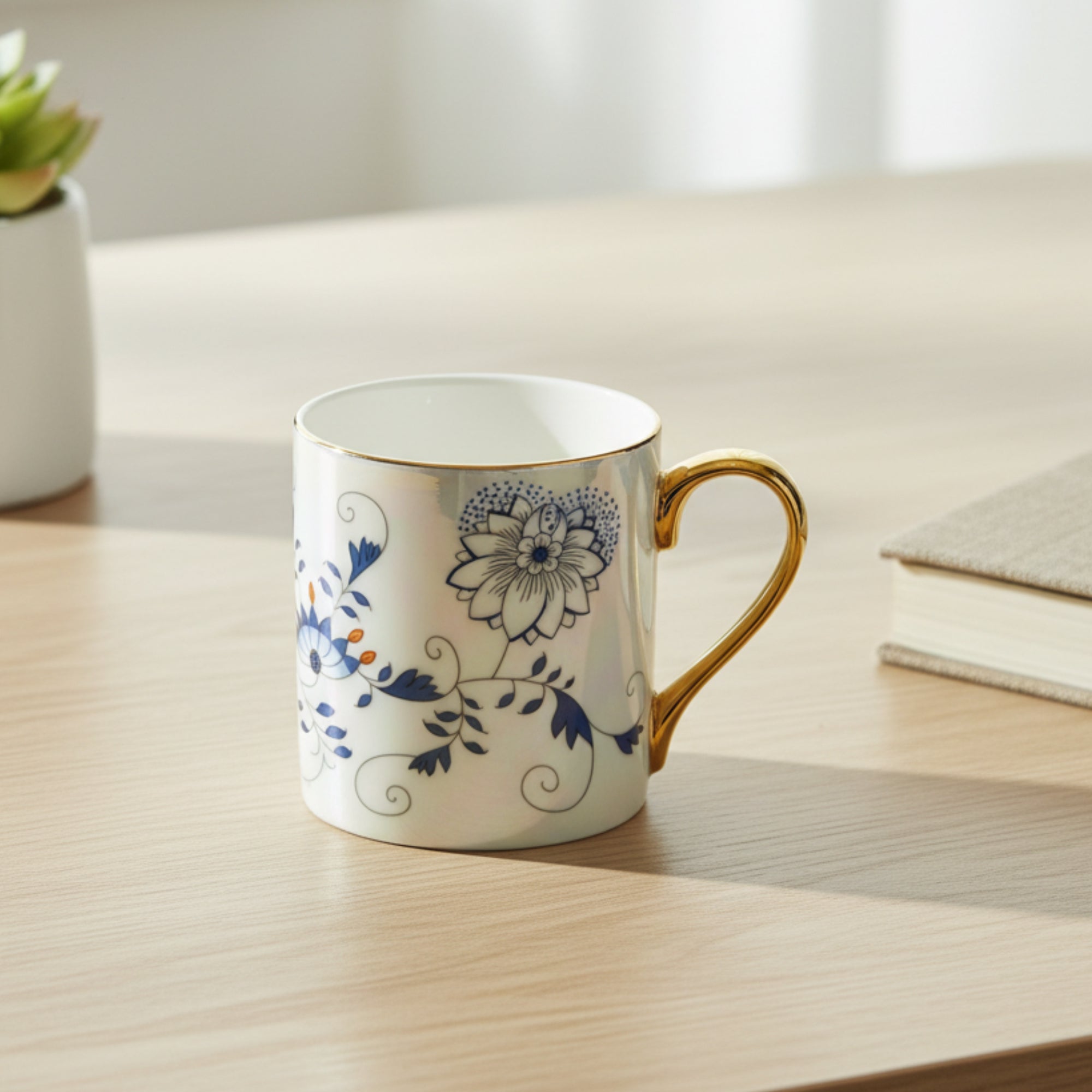 Blue Floral Porcelain Mug with Gold Handle