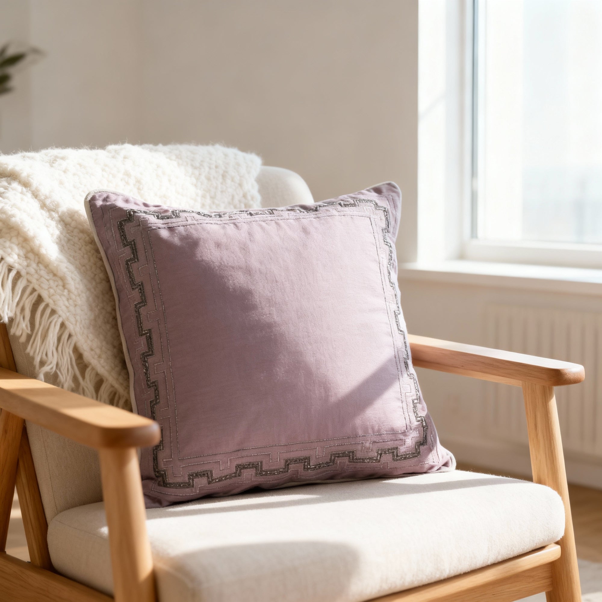 Dusty Pink Cushion Cover with Embroidered Border