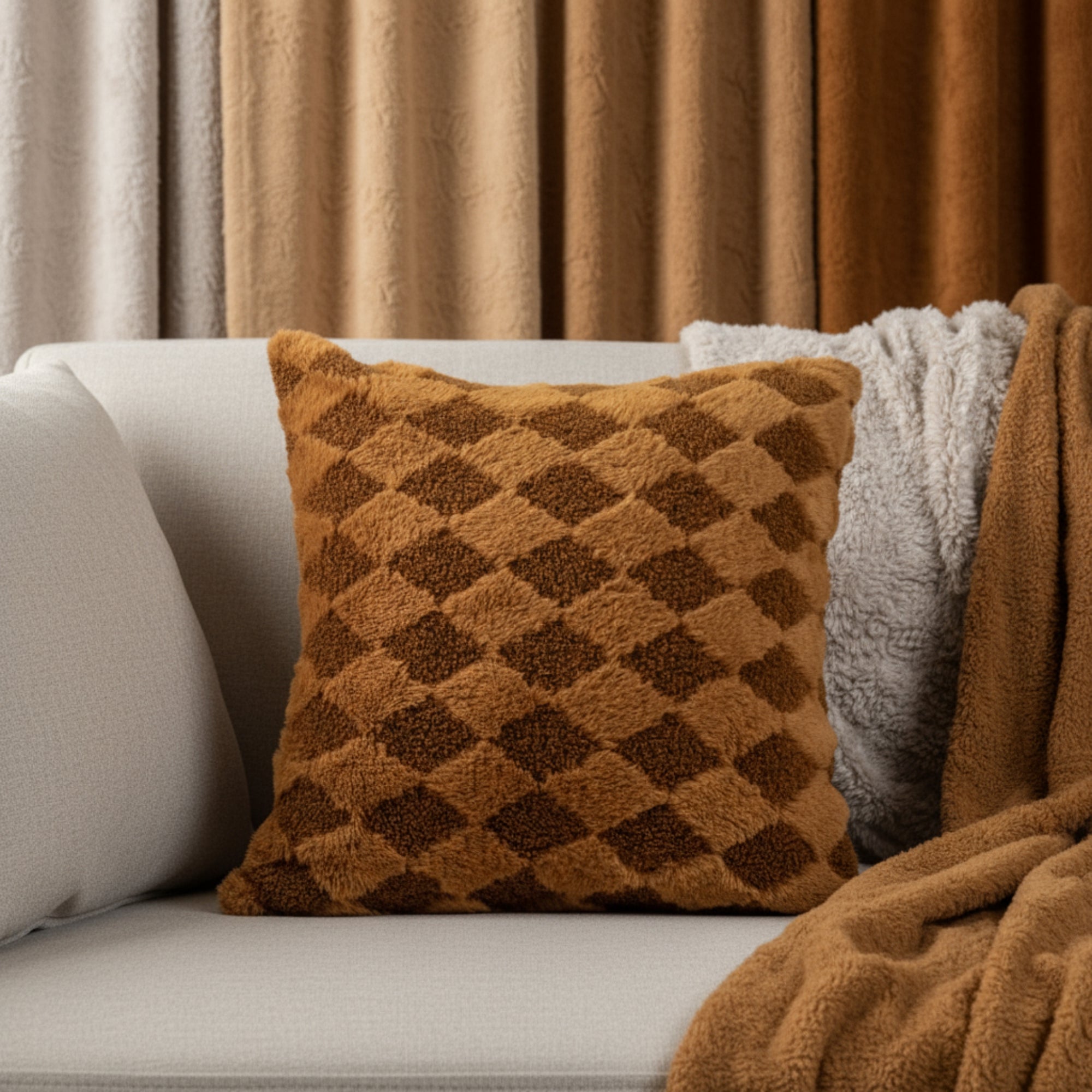 Golden Brown Diamond Pattern Cushion Cover