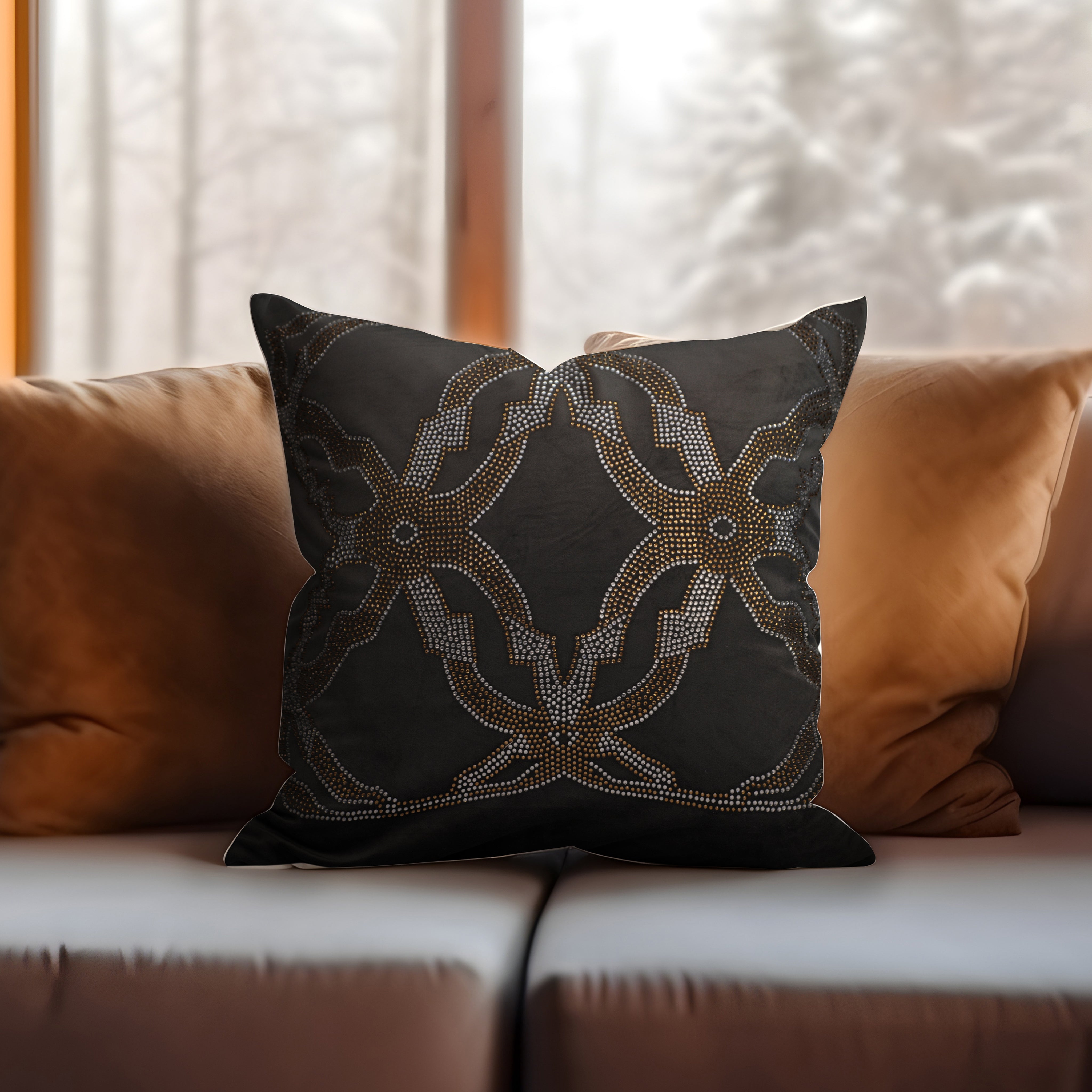 Gray Cushion Cover with Diamond Studded Pattern