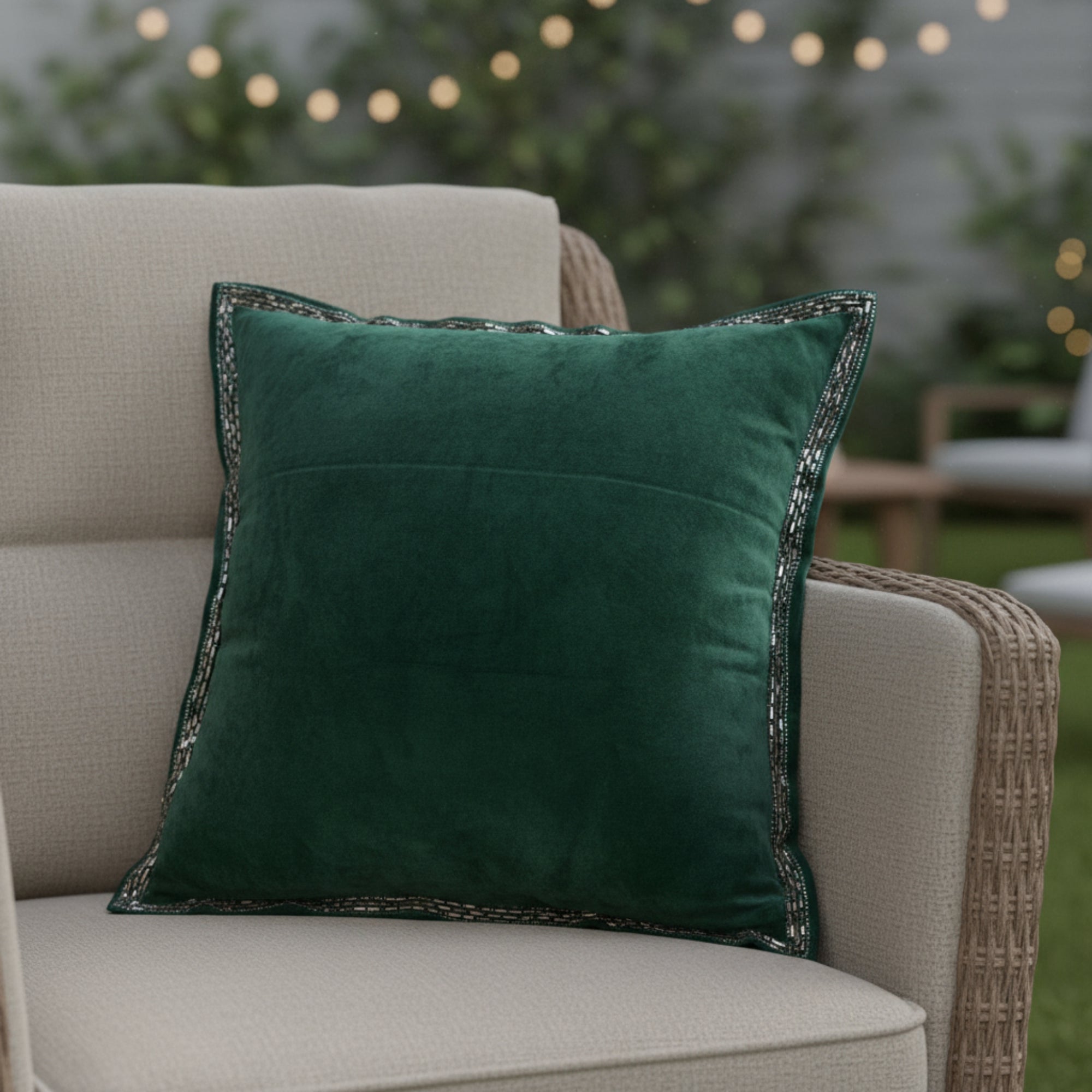 Green Cushion Cover with Embroidered Border