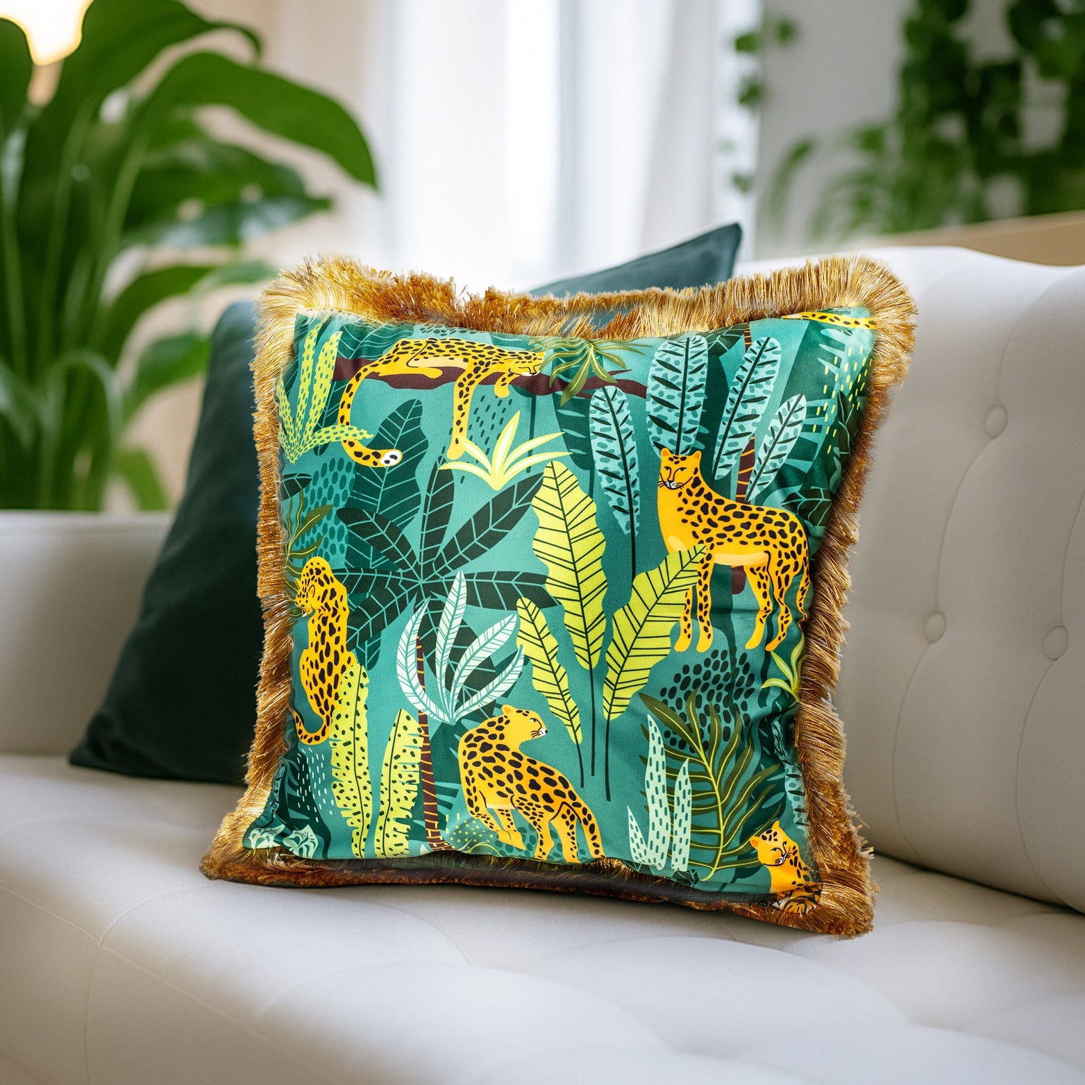 Jungle Theme Cushion with Golden Fringe