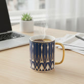 Navy Blue Lotus Porcelain Mug with Lid & Gold Handle