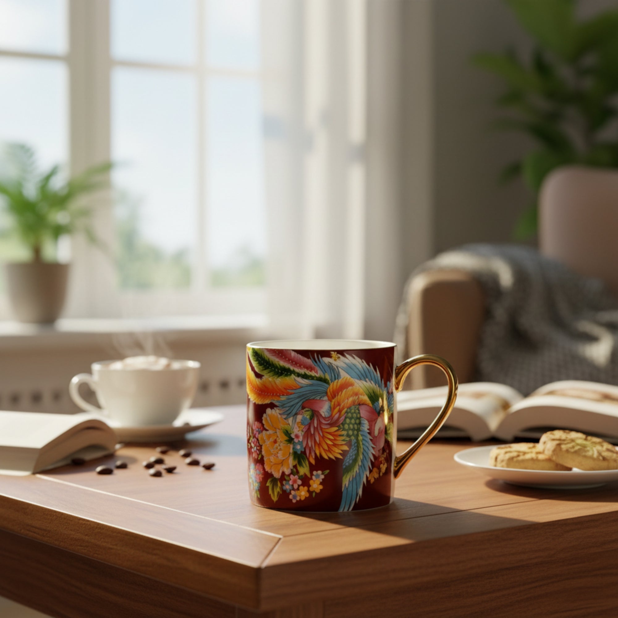 Porcelain Mug with Phoenix Artwork & Gold Handle