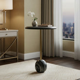 Round Wooden Top Side Table with Marble & MS Base