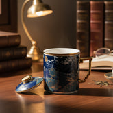Royal Blue Porcelain Tea Mug with Lid & Gold Handle
