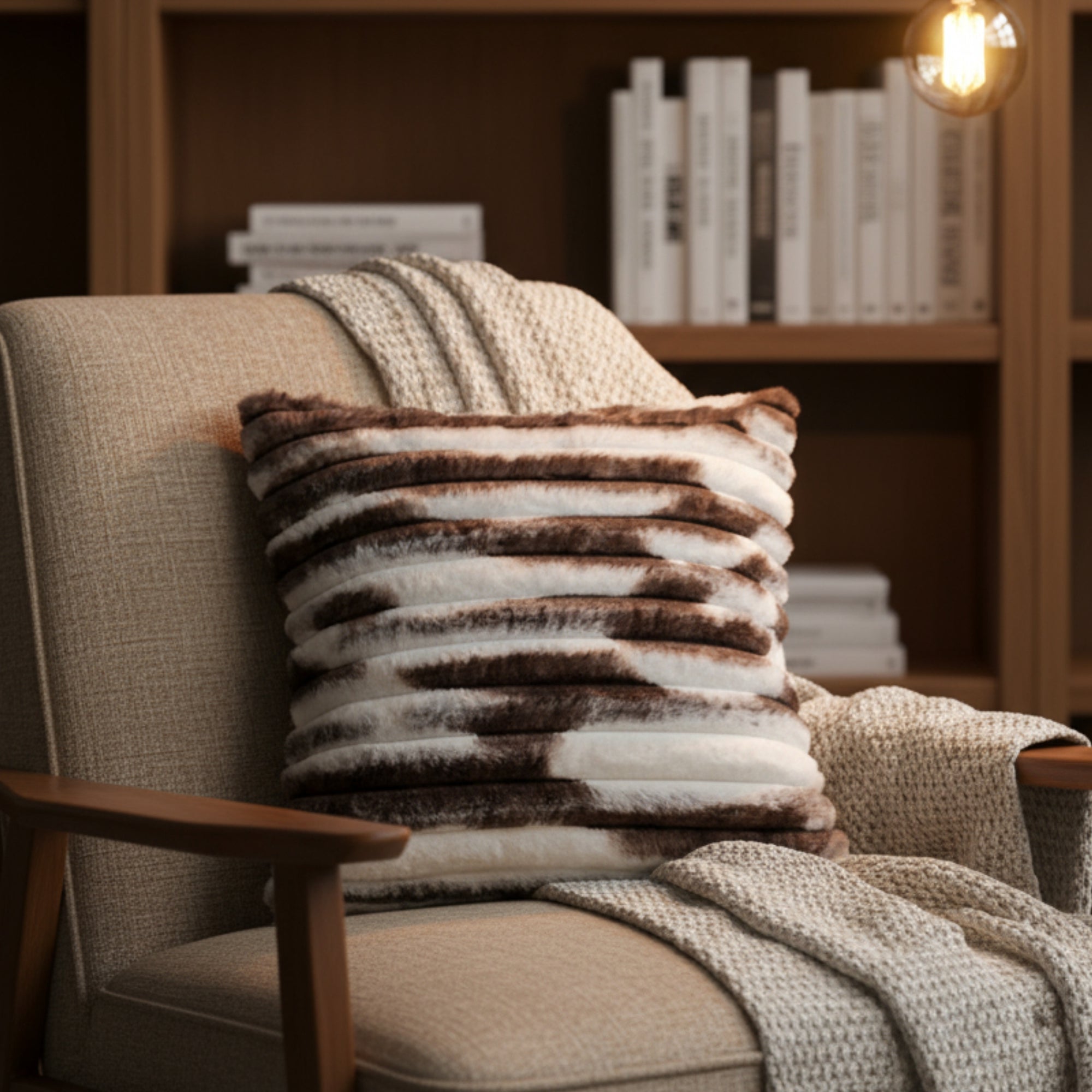 Striped Plush Brown & White Cushion Cover