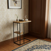 Wooden Side Table with MS Frame and Storage Shelf