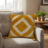 Yellow Boho Cushion Cover with Geometric Design & Tassels