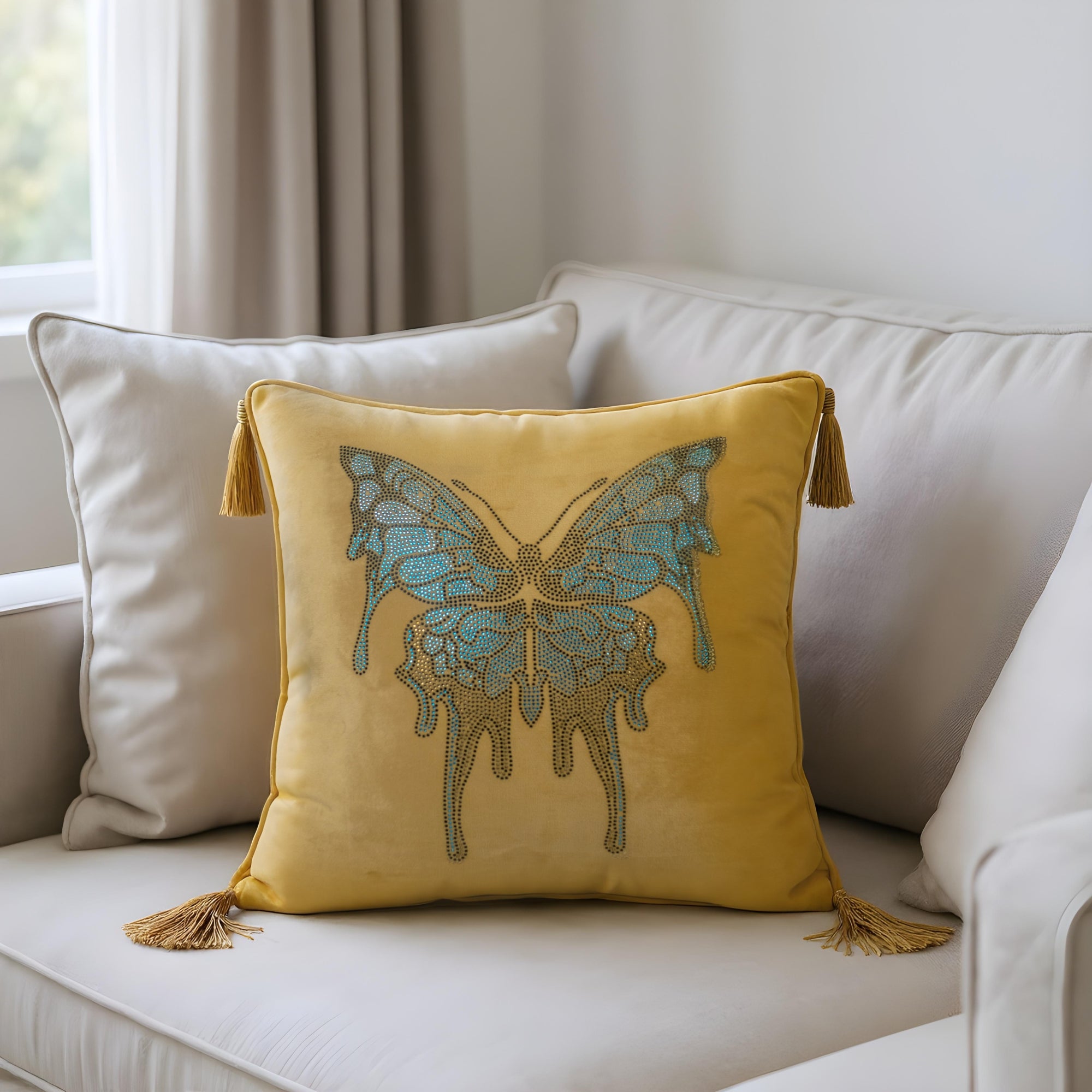 Yellow Cushion Cover with Butterfly Design