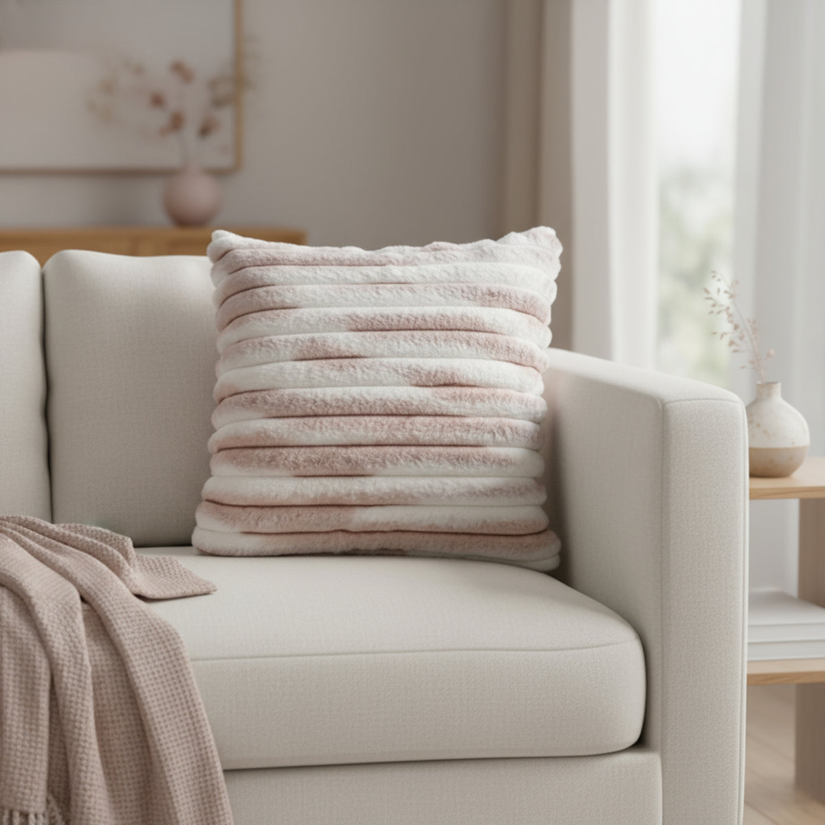 Striped Plush Pink & White Cushion Cover