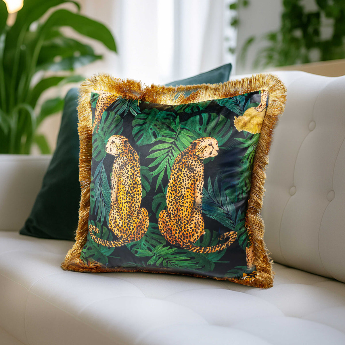 Tiger Print Cushion Cover with Golden Fringe