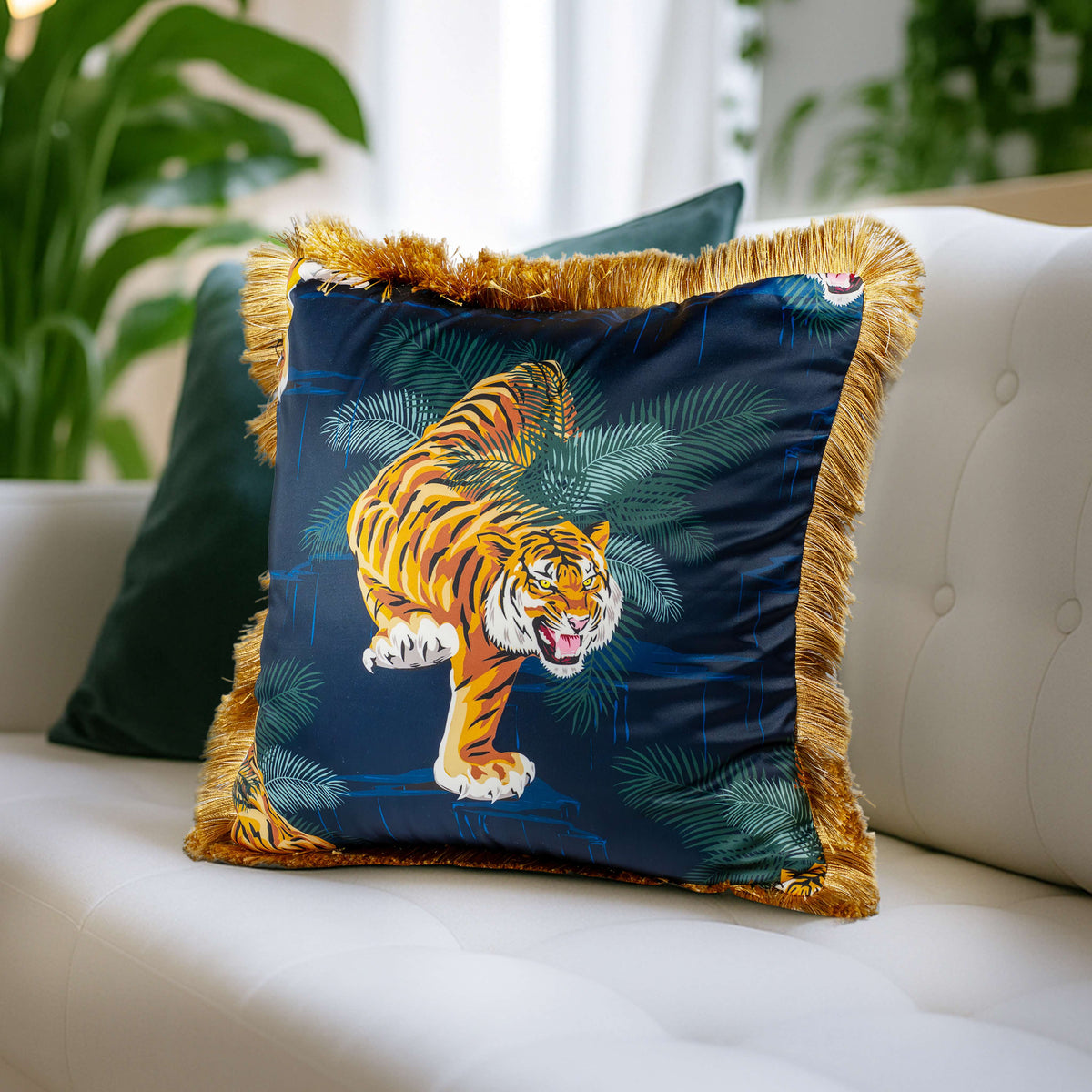 Tiger Print Cushion Cover with Golden Fringe
