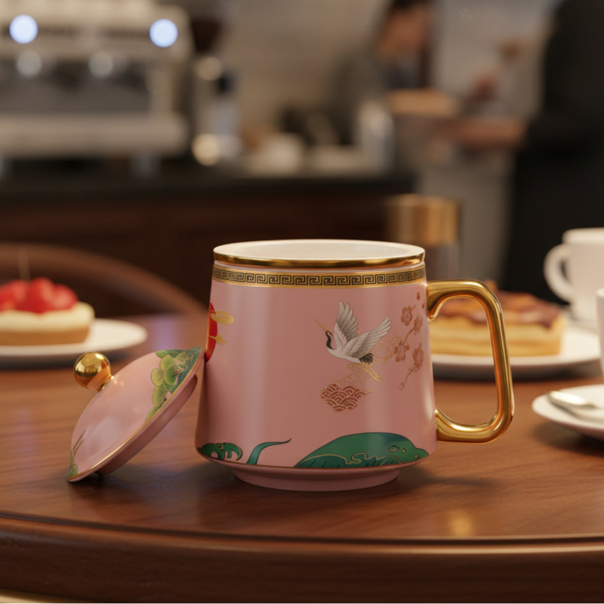 Floral Bird Design Porcelain Tea Mug with Strainer