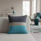 Dual-Tone Blue & Grey Lace Border Cushion Cover