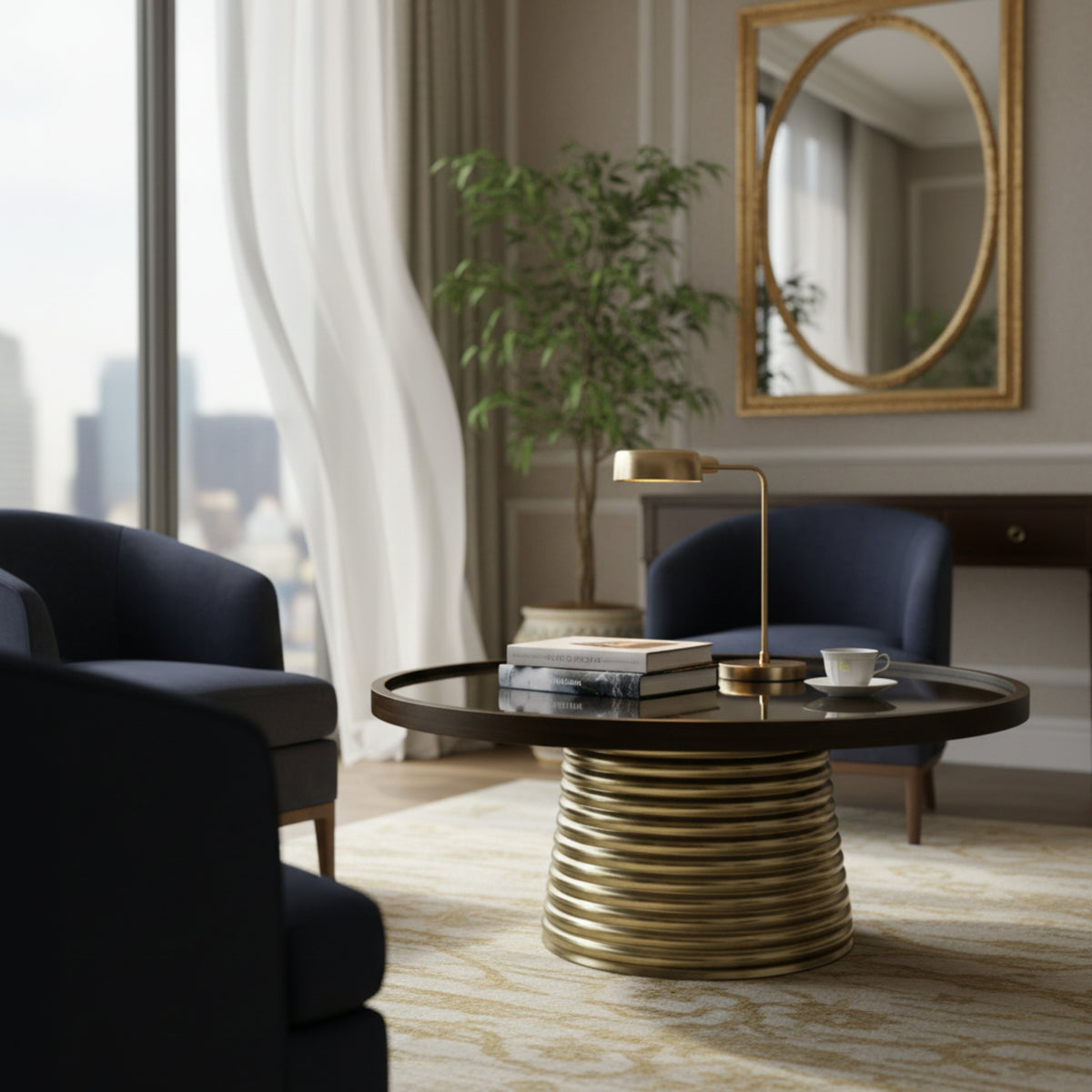 Round Wooden & Glass Top Coffee Table with MS Base