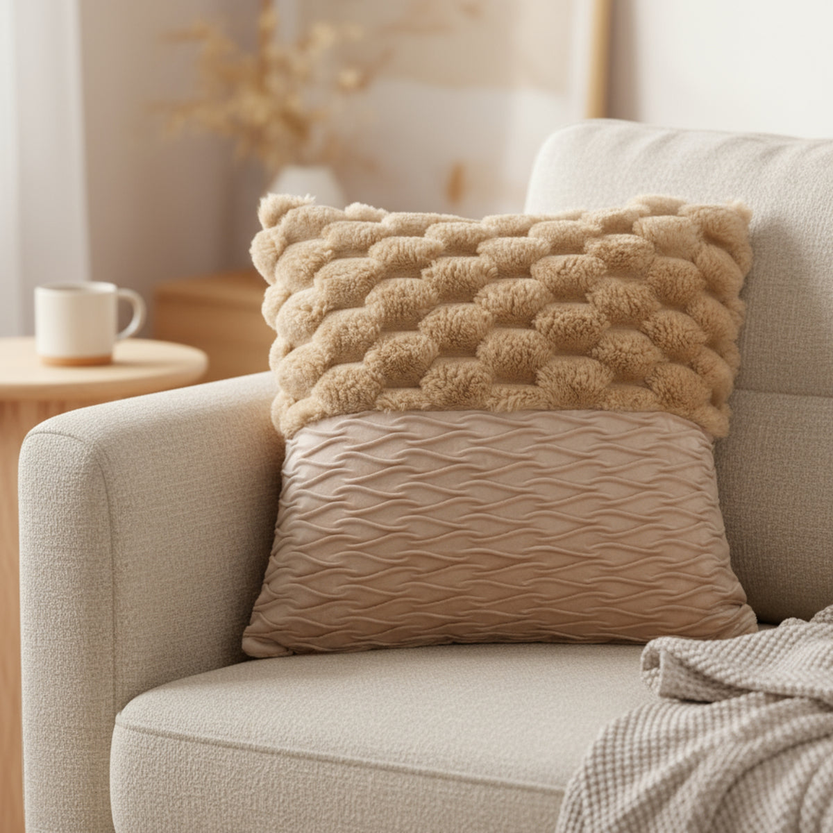 Beige Pineapple Grid Turtle Pattern 3D Soft Plush Cushion Cover