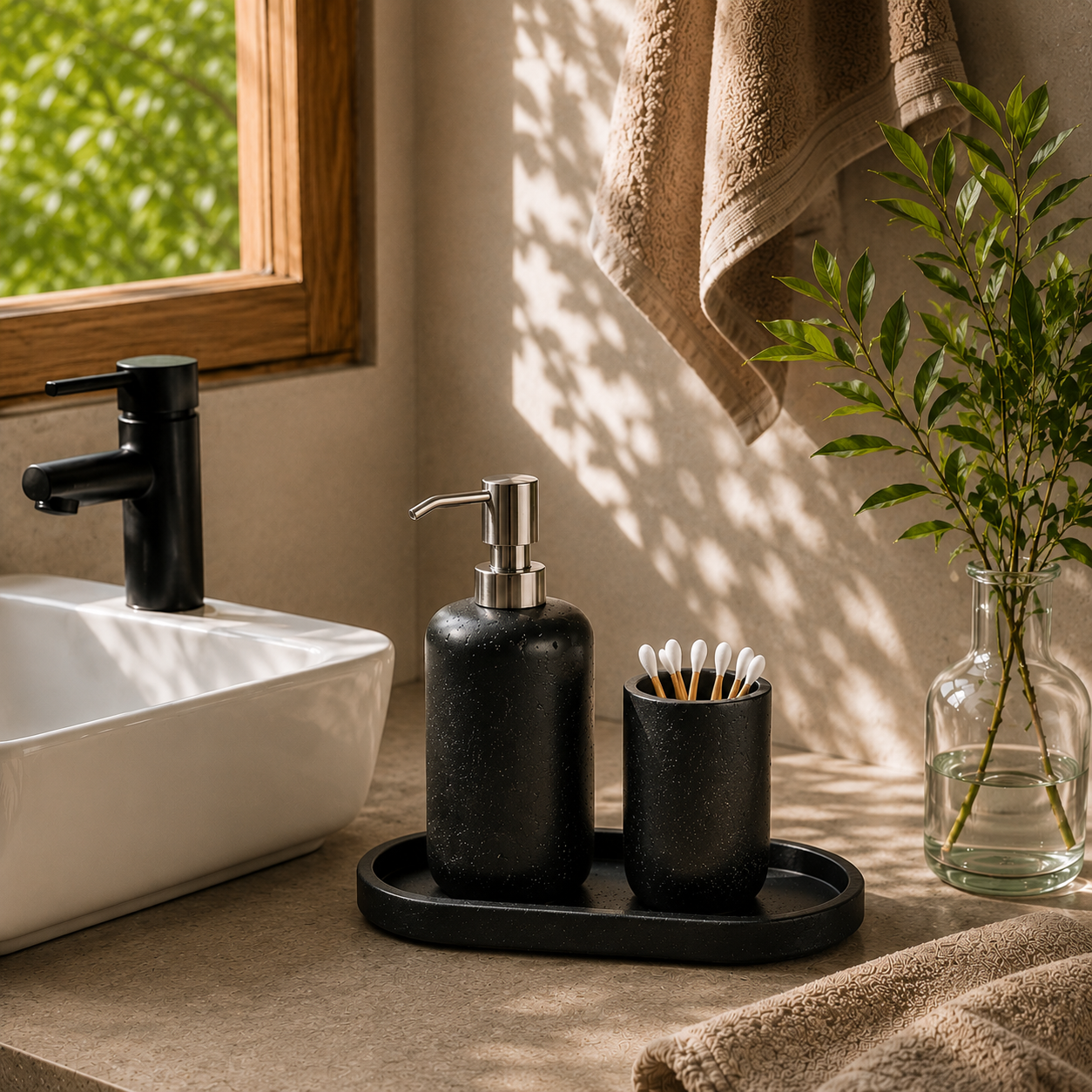 Black Textured Bathroom Accessories Set