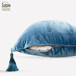 Blue Embroidered Velvet Beaded Fringed Hot Drill Butterfly Cushion Cover