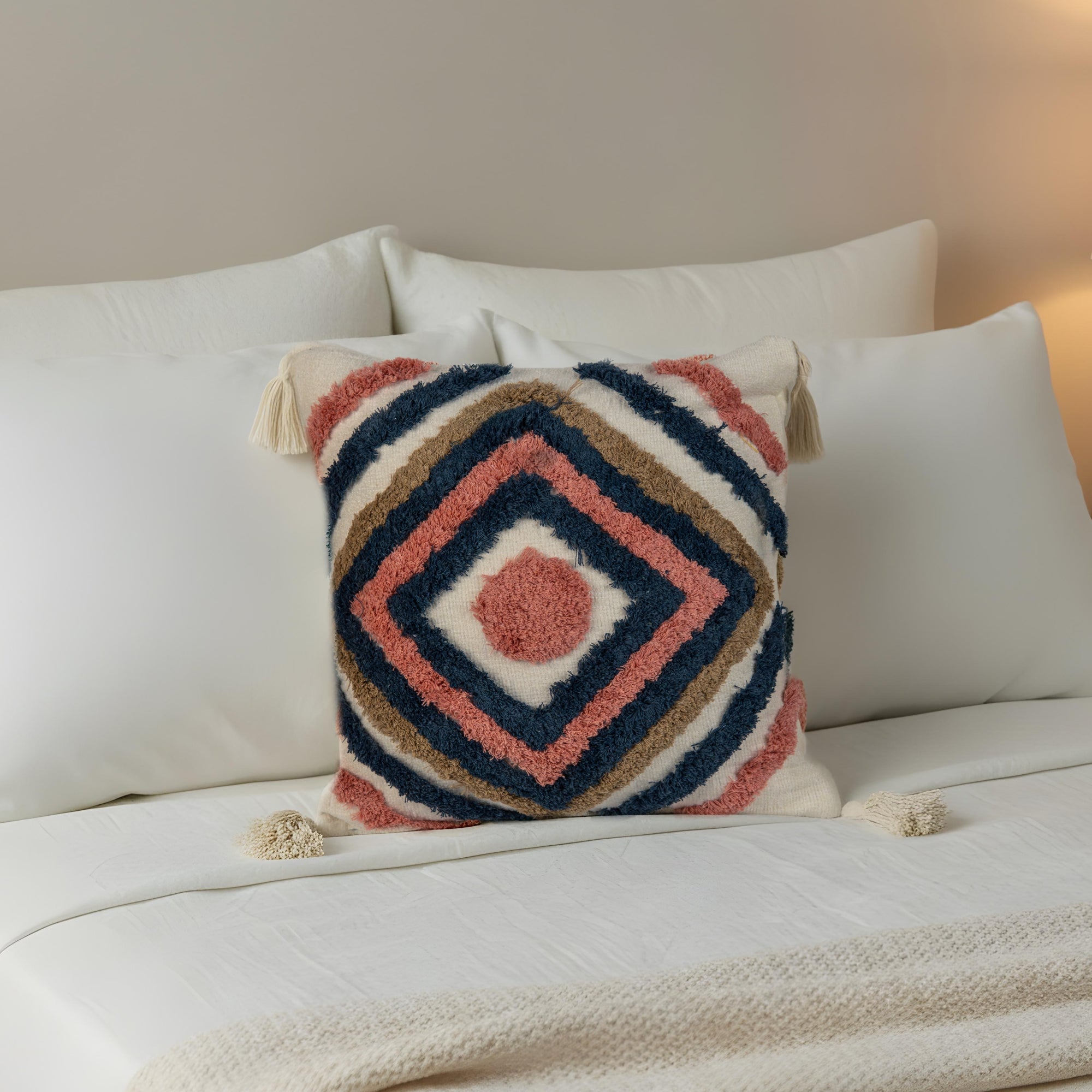 Boho Cushion Cover with Geometric Design & Tassels
