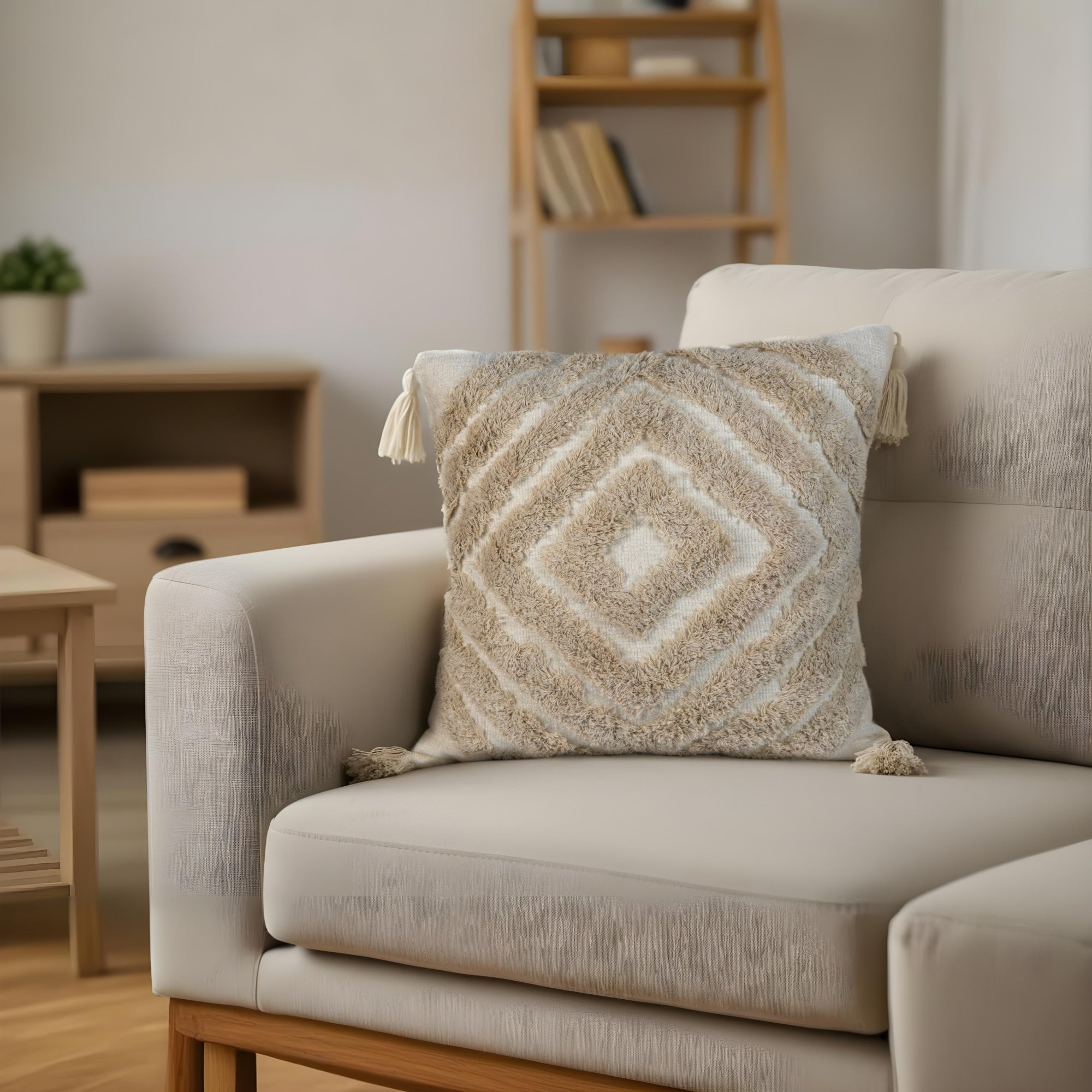 Boho White Cushion Cover with Geometric Design & Tassels