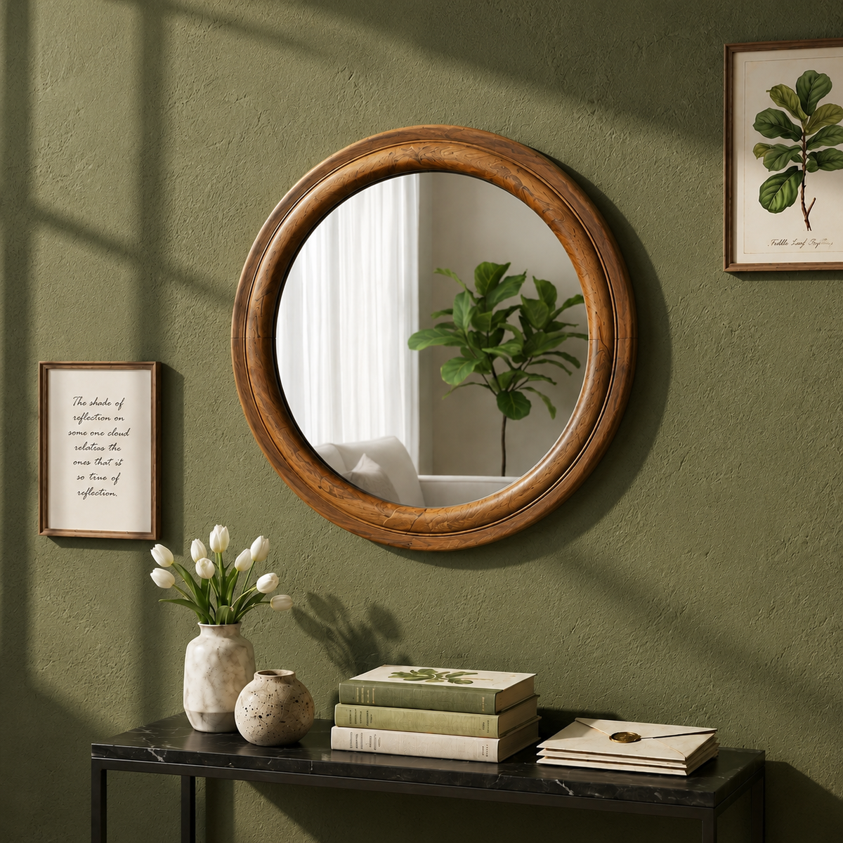 Round Wooden Frame Glass Mirror