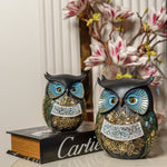 Decorative Mosaic Resin Owl Figurines with Blue and Gold Accents