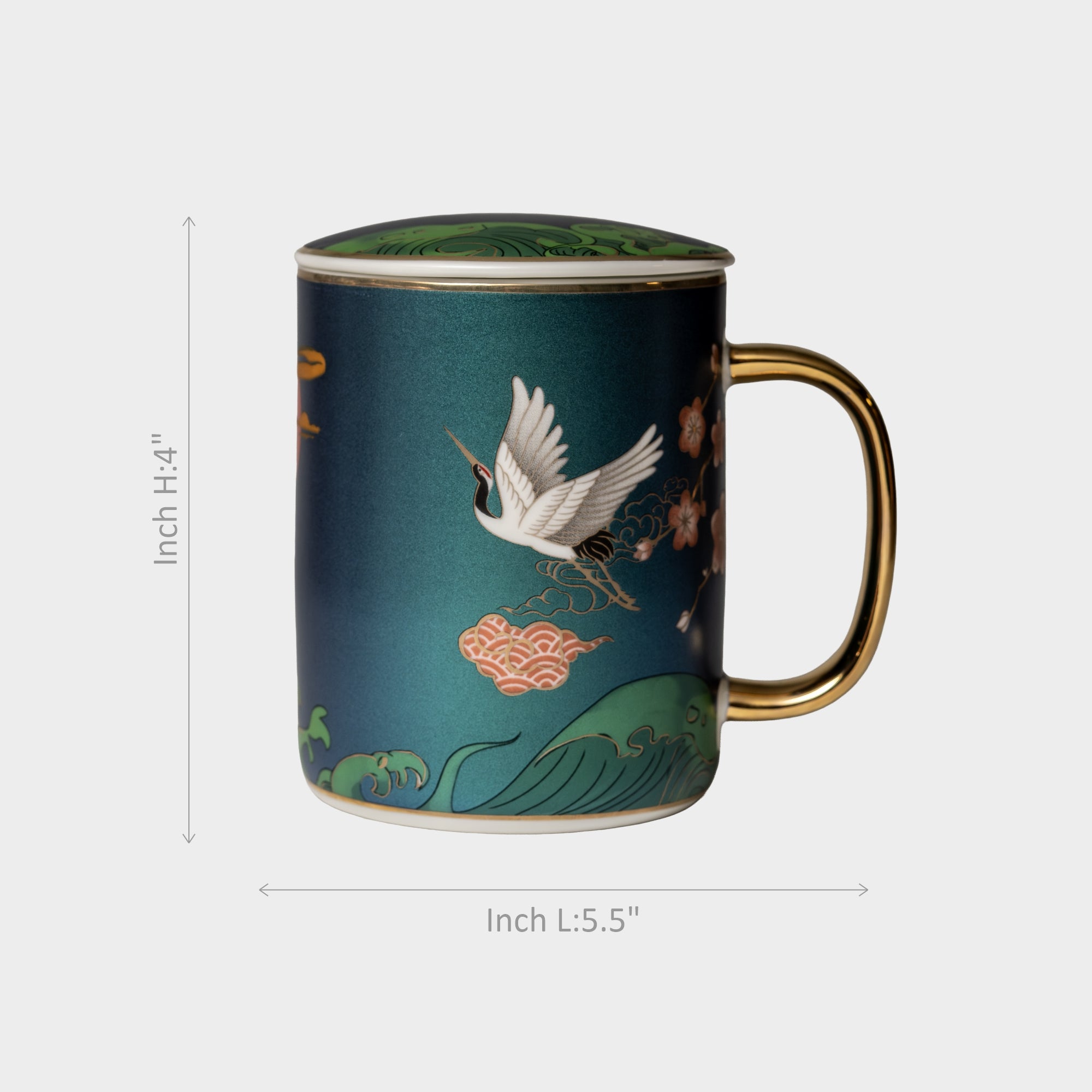 Deep Teal Porcelain Tea Mug with Lid – Flying Crane Design.