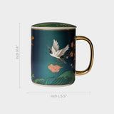 Deep Teal Porcelain Tea Mug with Lid – Flying Crane Design.