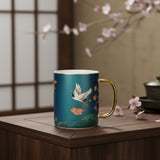Deep Teal Porcelain Tea Mug with Lid – Flying Crane Design