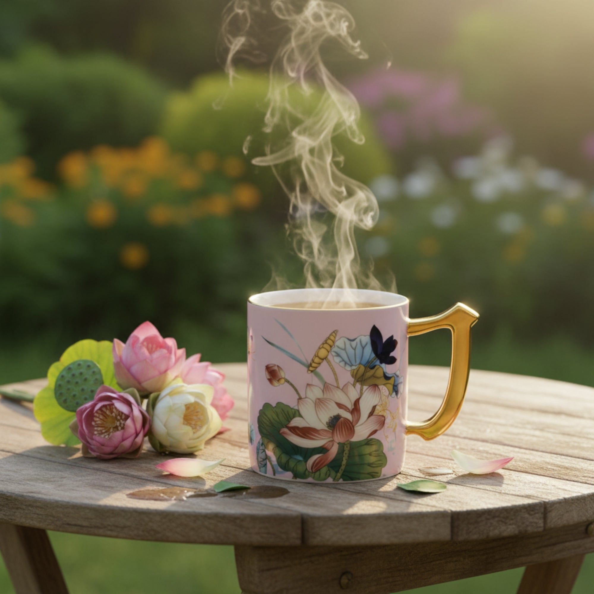 Elegant Lotus Design Porcelain Mug with Golden Handle