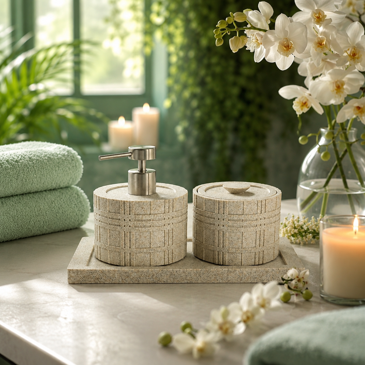 Elevate your bathroom countertop with a textured accessories set featuring coordinated cylindrical pieces and a matching tray for a refined, organised look.