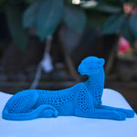 Exquisite Blue Crochet Cheetah Figurine – Luxury Resin Decor with Velvet Finish