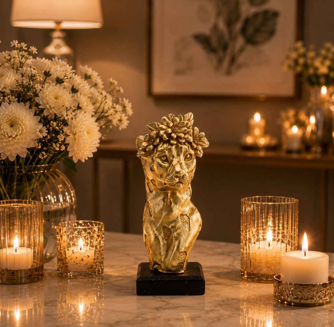 Golden Floral Lioness Sculpture