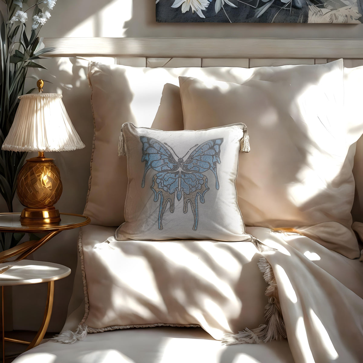 Gray Cushion Cover with Butterfly Design