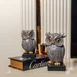 Gray Resin Owl Figurines with Gold Accents