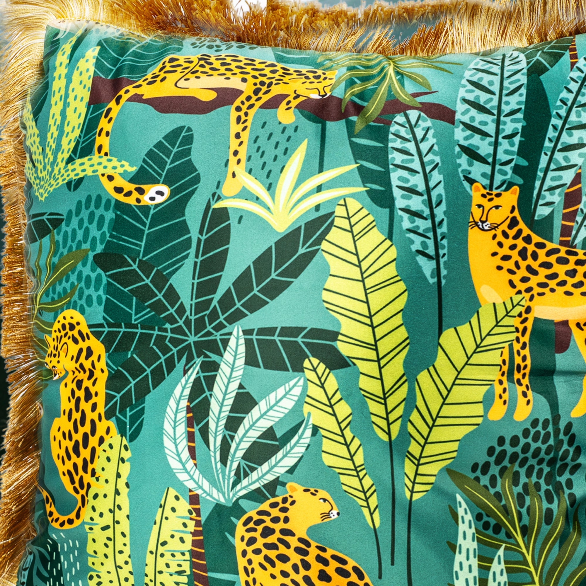  Jungle Theme Cushion with Golden Fringe.
