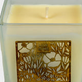 Luxury White Square Aroma Candle with Golden Floral Design.