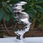  Modern Abstract Silver Resin Sculpture – Metallic Swirl Art Piece
