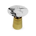 Modern Round Marble Side Table featuring a Hammered Gold Metal Base