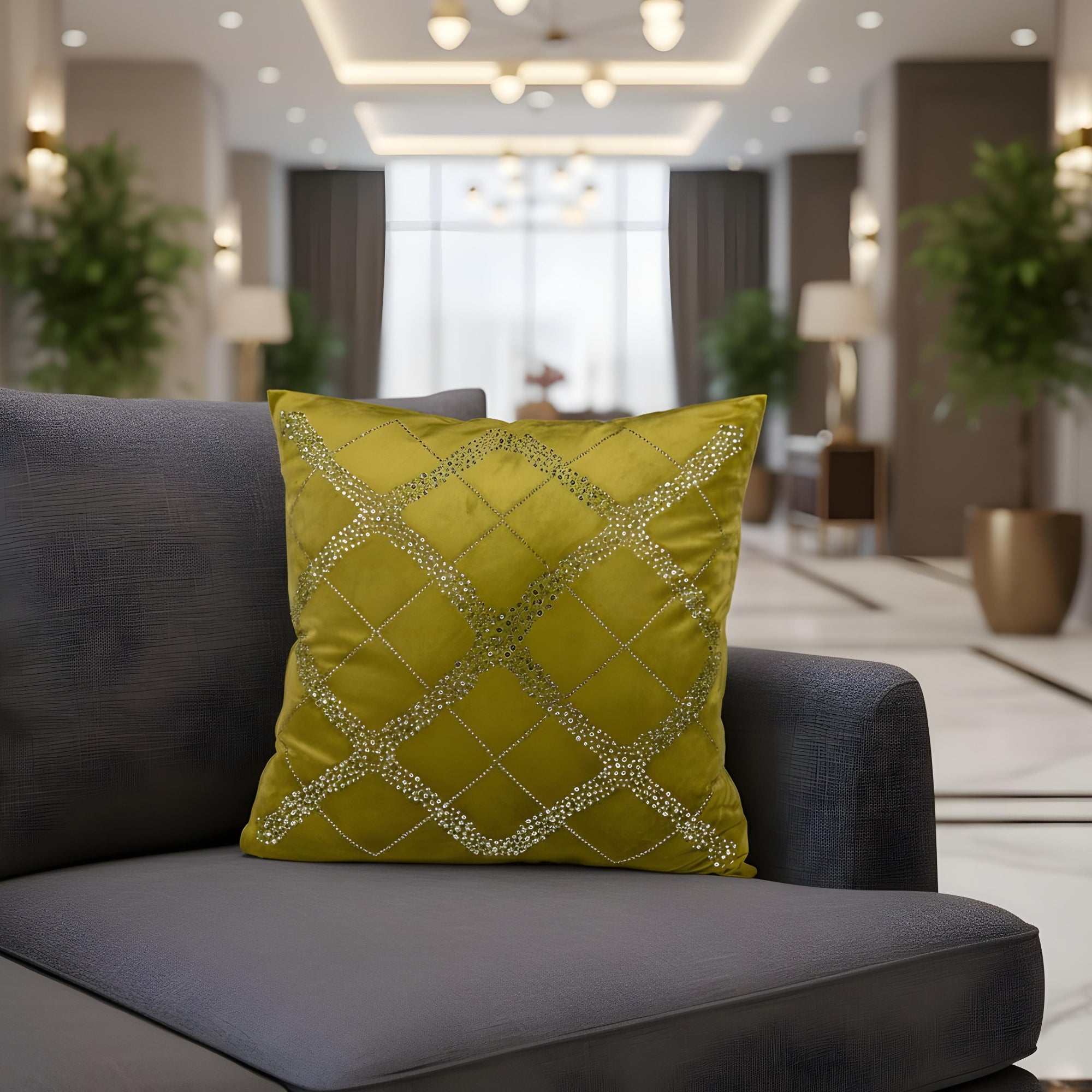 Mustard Yellow Cushion Cover with Diamond Pattern Embroidery