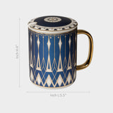 Navy Blue Lotus Porcelain Mug with Lid & Gold Handle.