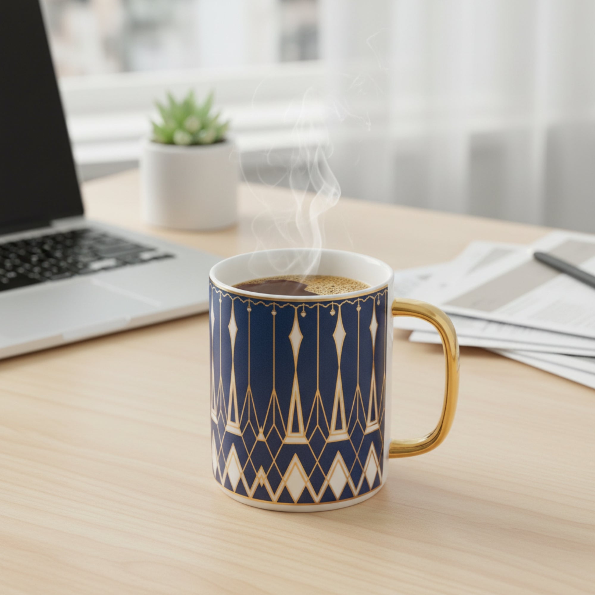 Navy Blue Lotus Porcelain Mug with Lid & Gold Handle