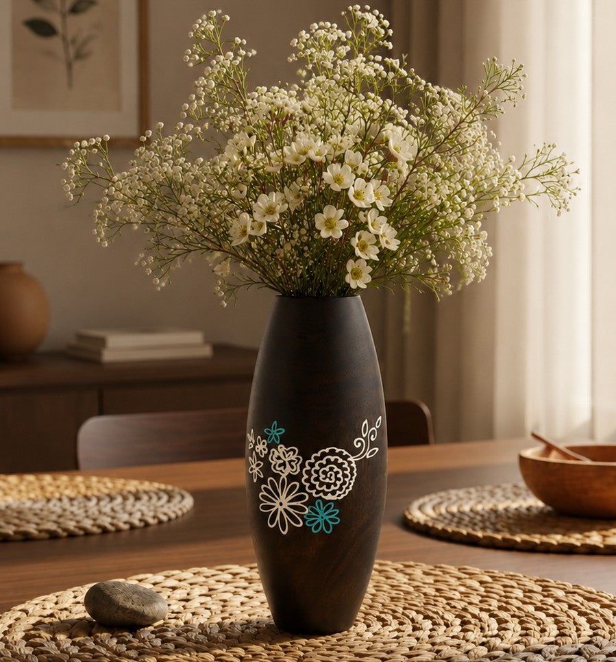 Wooden Vase with Floral Motifs