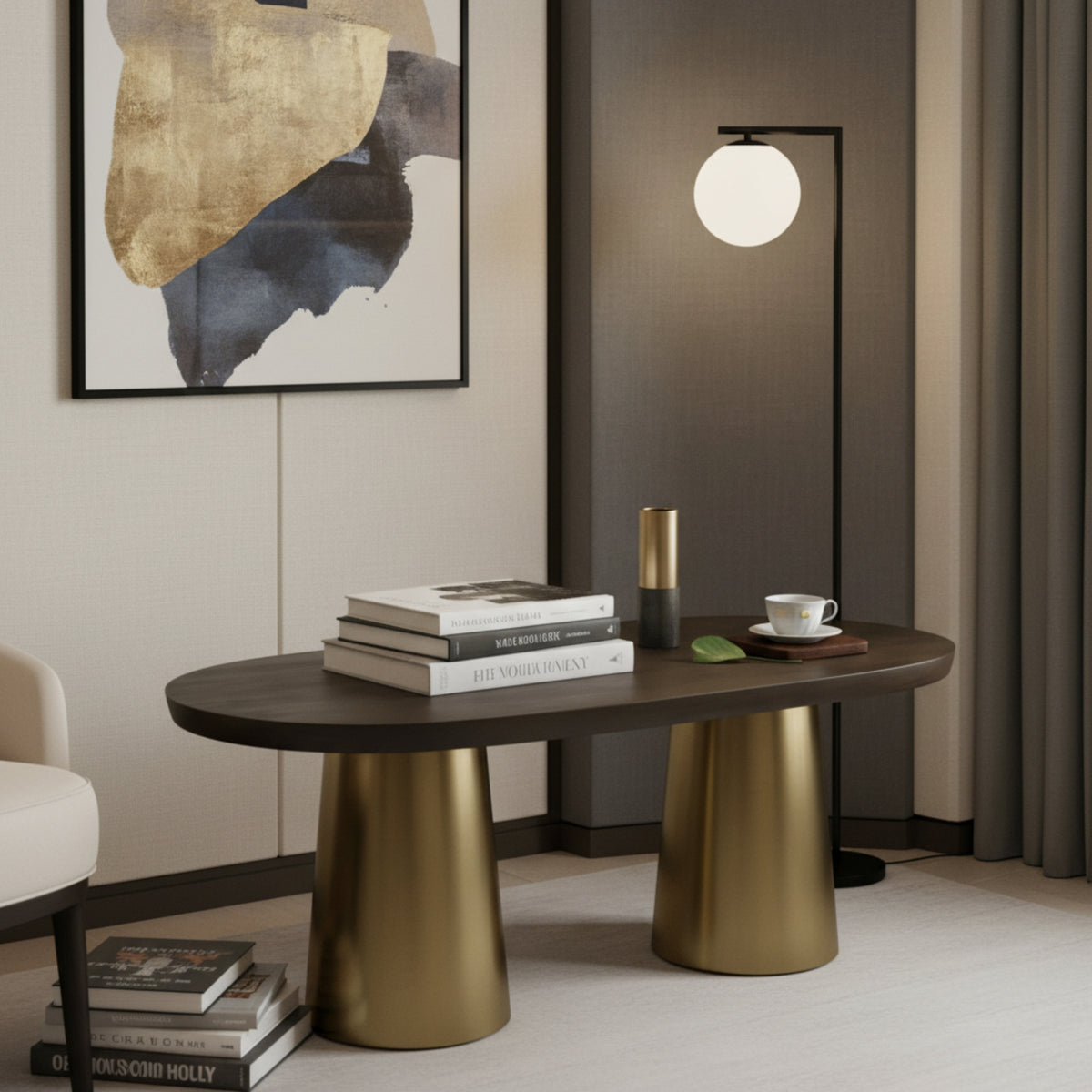 Oval Wooden Top Coffee Table with Metal Base