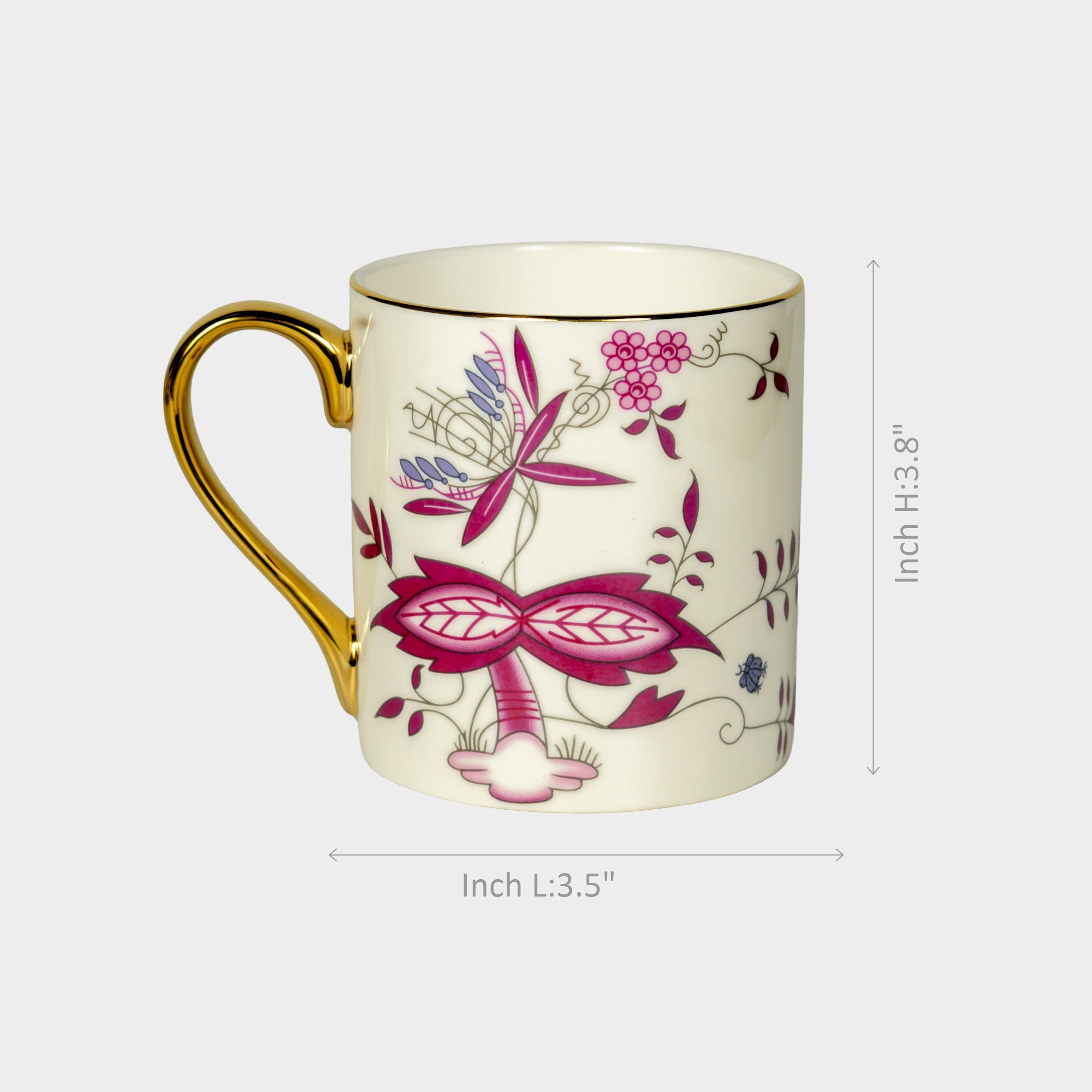 Porcelain Mug with Pink Floral Artwork & Gold Handle.