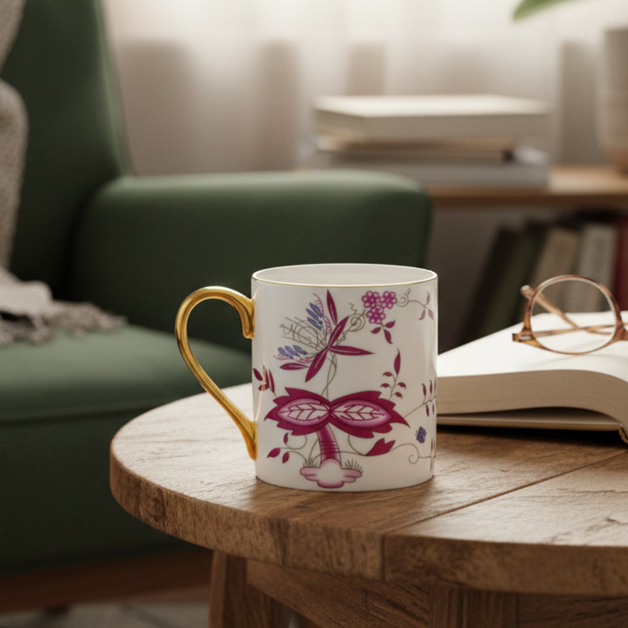 Porcelain Mug with Pink Floral Artwork & Gold Handle